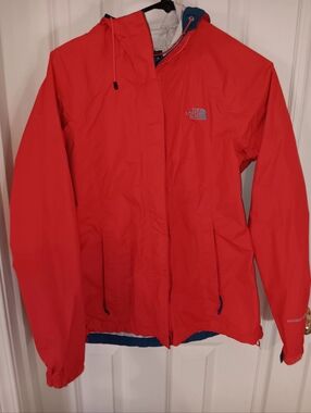 The North Face Bright Pinkish Red Hooded Rain Jacket with Navy Trim